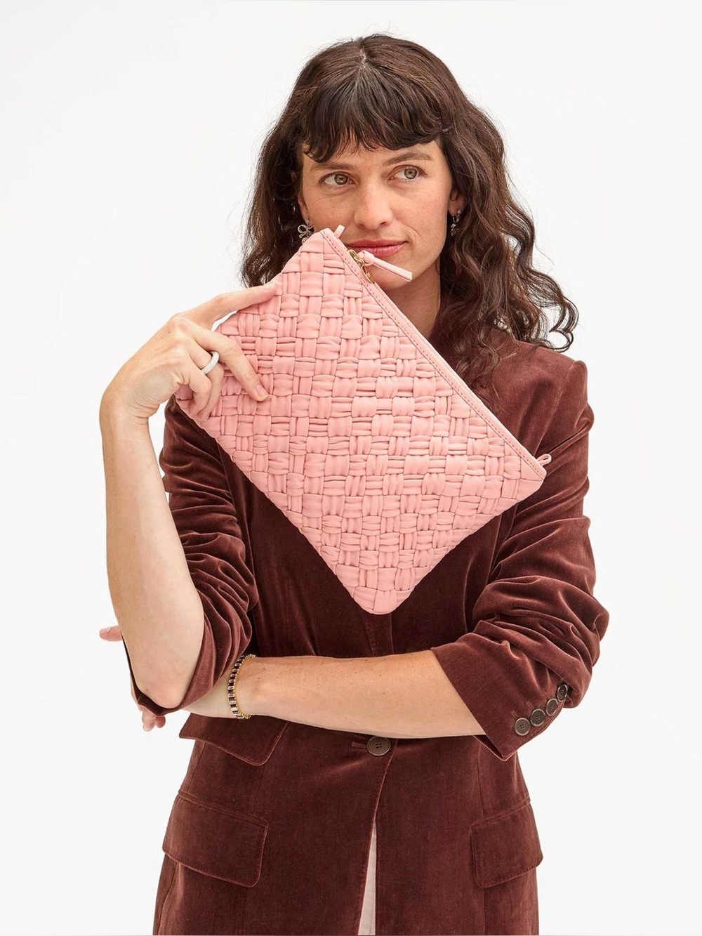 Clare V. Flat Clutch with Tabs - Blush Puffy Woven